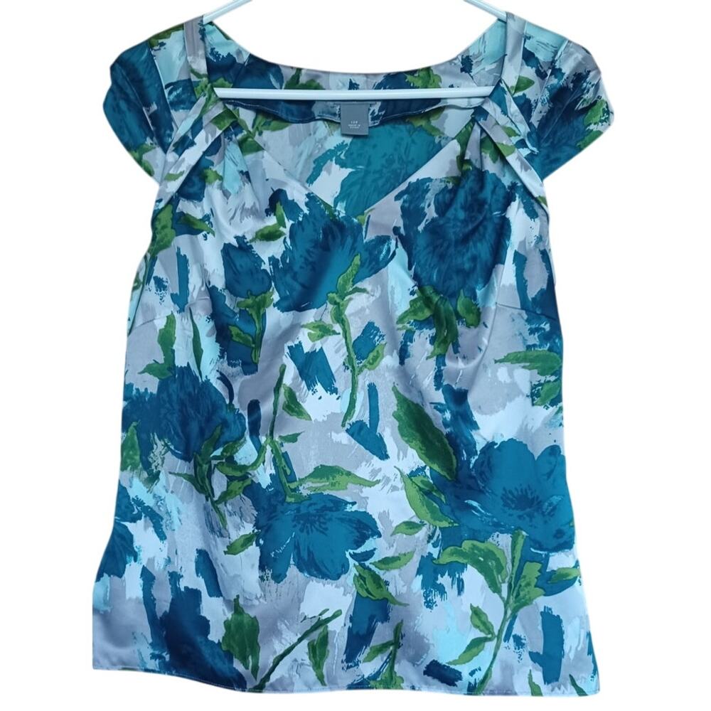 Ann Taylor Petites Floral Top Women's 12P Teal Gray Color Satin Fabric Business